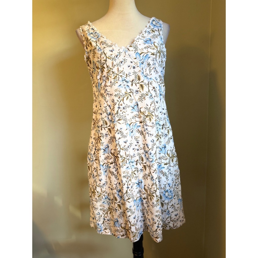 Laura Ashley Floral Blue White V Sleeveless Dress 8 boho cottageore Y2K linen